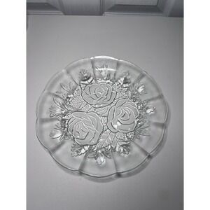 5 Vtg Clear Glass Dinner Plates Pasari Indonesia "Livia" Embossed Rose Scalloped